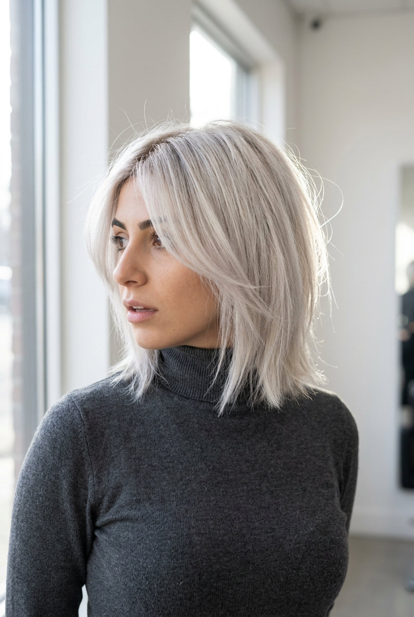 medium platinum blonde shag with ash root shadow, ghost layers, soft perimeter — chic formal event