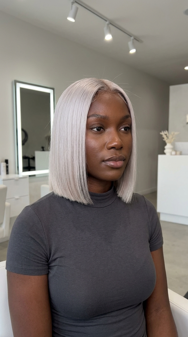 jaw-length platinum pearl blonde blunt bob with dark vanilla root smudge, laser-cut perimeter for summer gala