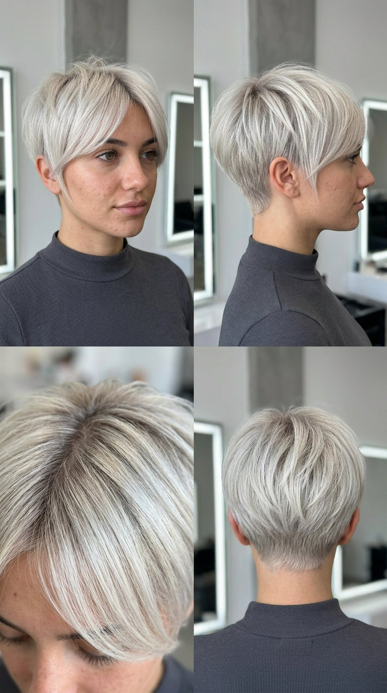 short icy platinum blonde pixie crop with ash shadow root, razored texture and swept fringe for boldness