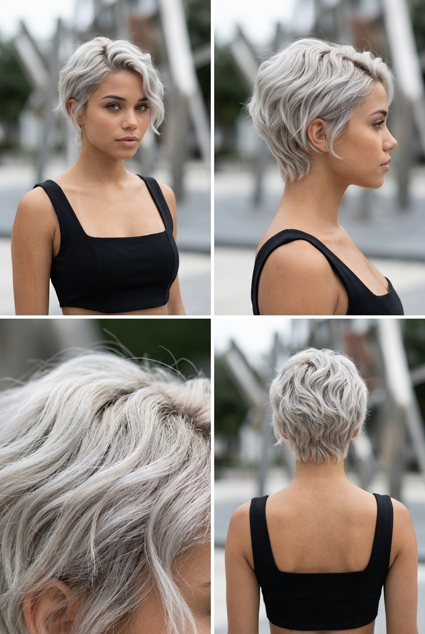 short platinum blonde pixie haircut with icy silver waves, piecey styling, no fringe — edgy confidence
