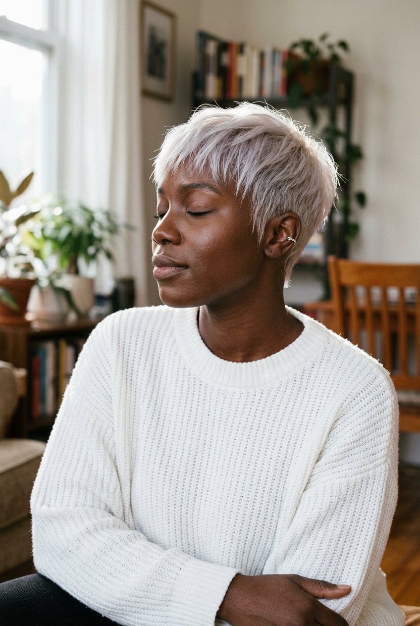 Cute Platinum Pixie Whisper 2026 short pixie in icy platinum blonde with wispy fringe and tapered nape for cute summer looks
