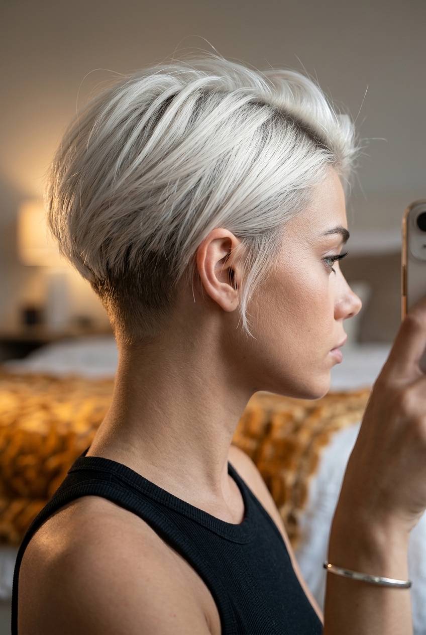 short haircut with icy platinum blonde and ash undertones, hidden undercut for summer