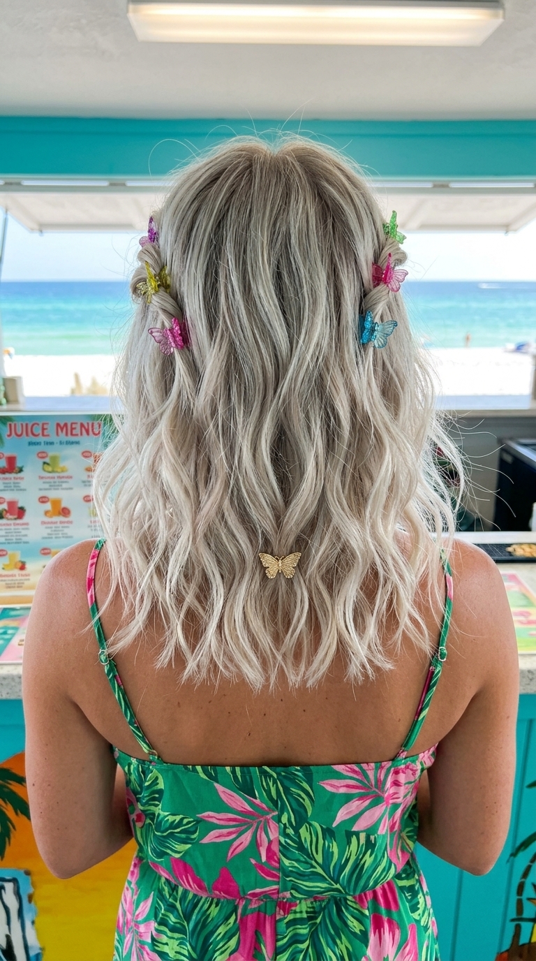 shoulder-length wavy lob with platinum blonde tones, tousled waves, no fringe — playful youthful festival