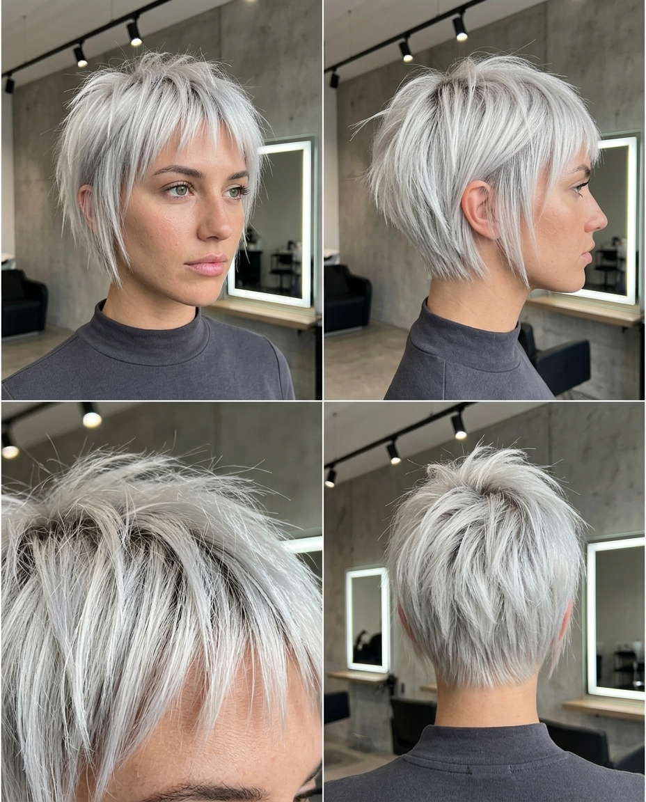 short textured bob haircut with icy platinum blonde, silver toner, micro-fringe — rebellious festival