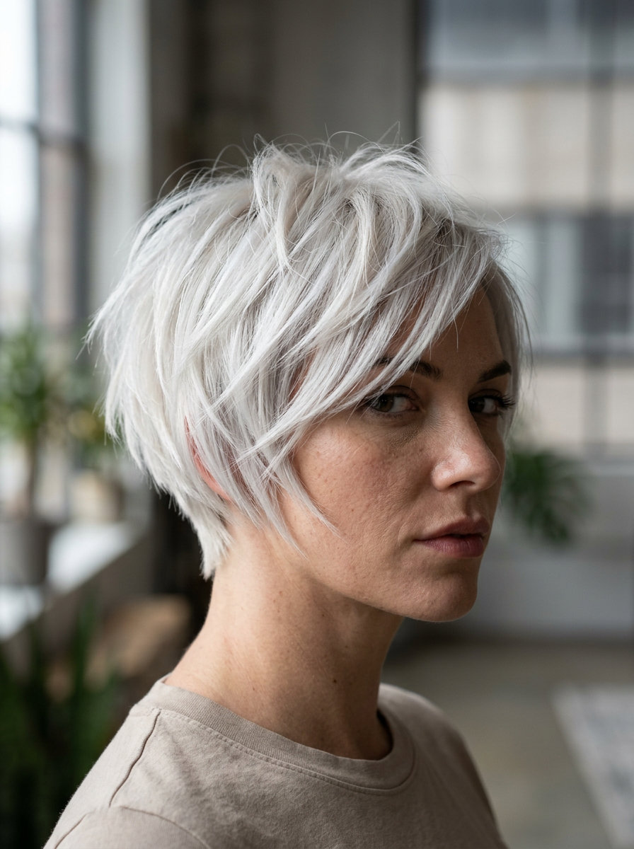 short textured bob haircut with icy platinum blonde, tapered nape, choppy layers — edgy festival look