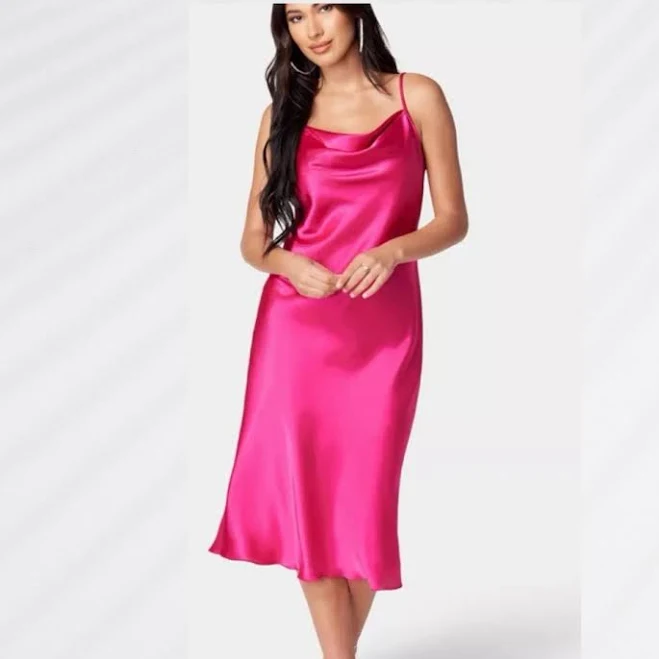 dress Bebe Satin Midi Slip Dress Women's Sz L Fuschia Cowl Neck Adjustable eBay - restyledapparel $25