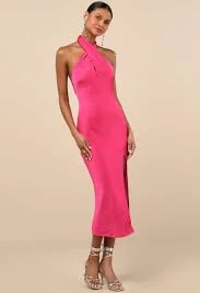 dress Beyond Classy Hot Pink Satin Halter Midi Dress lulus.com $60