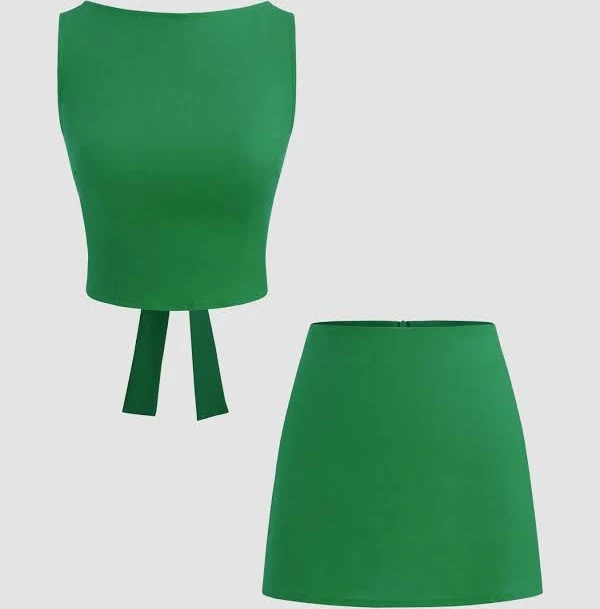 matching set CIDER Versatile Woven Cotton Linen Blend Boat Neck Crop Top & Mini Skirt Set Women's Summer Casual Cider $15.16