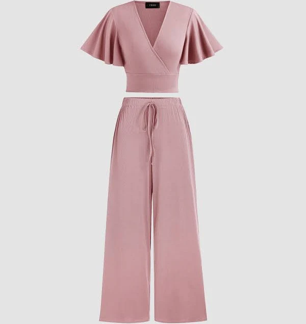 matching set CIDER Women's Knit Fabric V-Neck Solid Ruched Crop Top & Pants Matching Set for Daily Casual Outdoor Cider $37.9