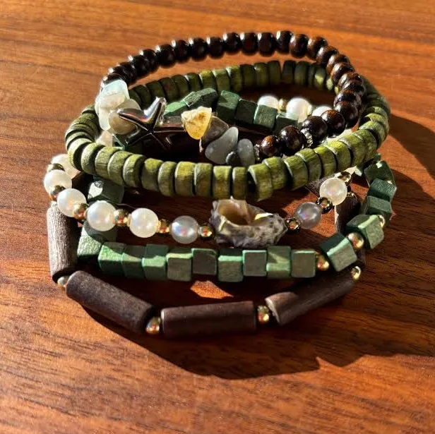 accessory Coastal Boho Wood, Pearl & Shell Bracelet Stack Etsy - Seller $28