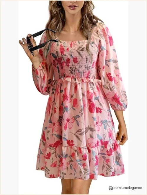 dress Floral Print A-Line Mini Dress With Puff Sleeves Square Neck Casual Poshmark $55