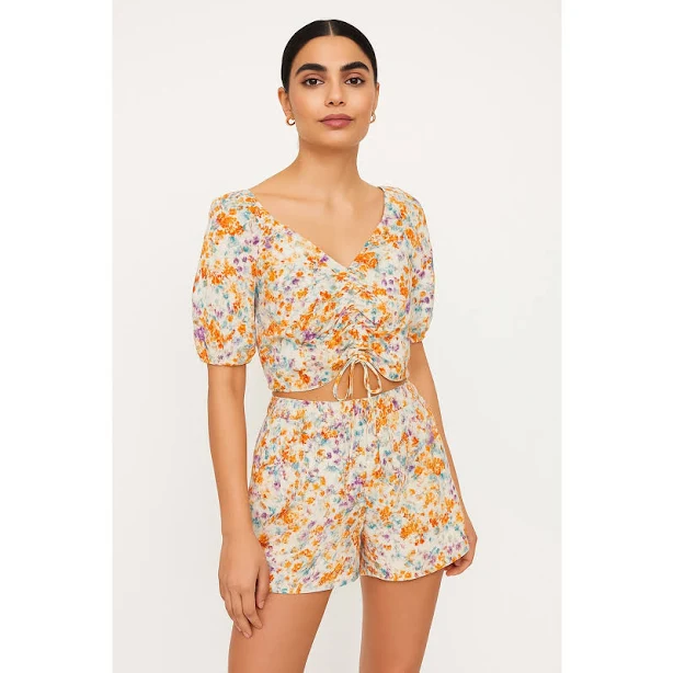 matching set H&M Pants & Jumpsuits | H&M Linen Blend Floral Puff Sleeve Crop Top And Shorts Set Size Xs | Color: Pink/White | Size: Xs | Elevated_Encore's Closet Poshmark $30
