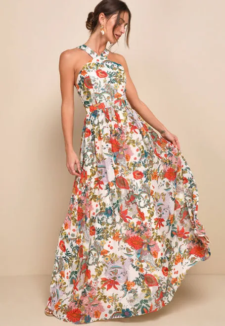 floral print outfits Lulus Beige Lilja Cream Floral Print Maxi Dress Womens Lulus $89