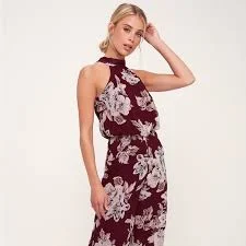 jumpsuit Lulu's In My Heart Burgundy Floral Print Halter Wide-Leg Jumpsuit Poshmark $25