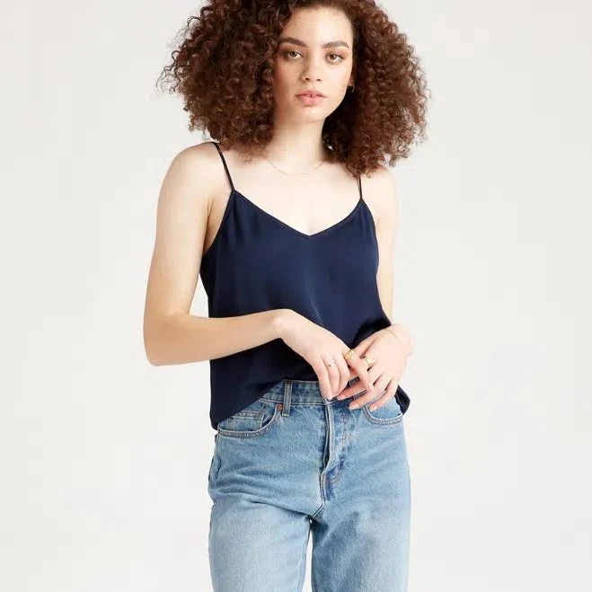 top Women's 100% Washable Silk Stretch V-neck Cami Top In Navy ModeSens $50