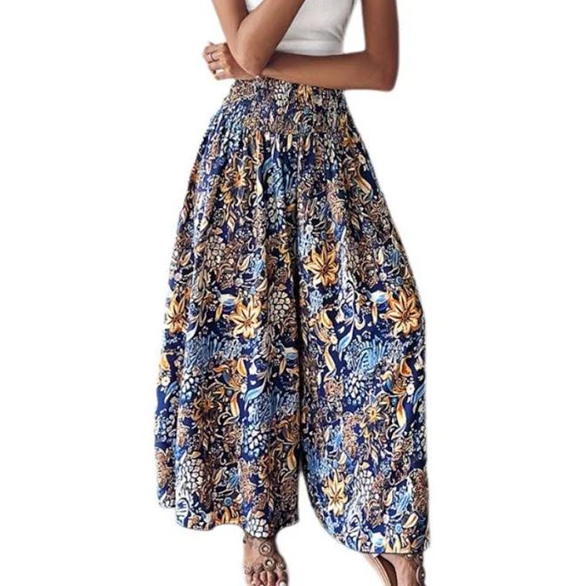 pants Women's Boho Floral Shirred High Waisted Wide Leg Pants Flowy Trousers Beach Vacation Wear, Size: Medium, Navy Blue Kohl's $32.99