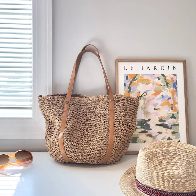 bag Woven Straw Beach Tote Bag with Vegan Leather Straps Etsy - Seller $38.24