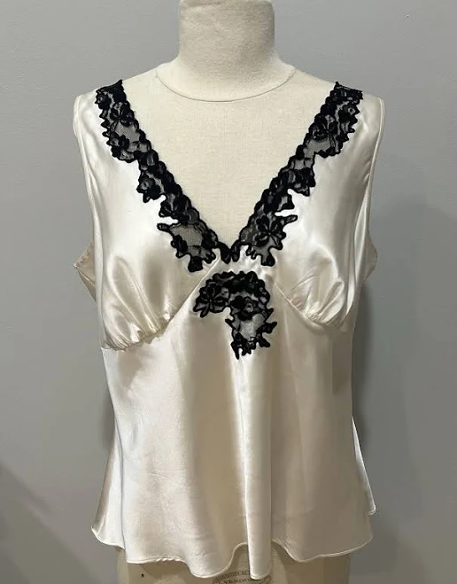 top Y2k Cream With Black Lace Trim Satin Tank Cami Size Medium eBay $30.79