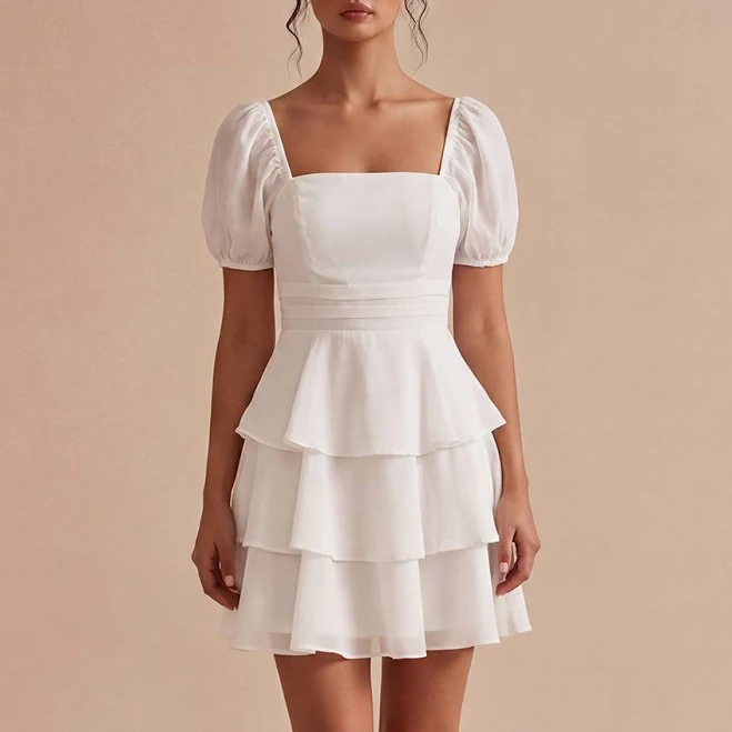 dress Zapaka Women's A-Line Square Neck Tiered Ruffle Mini Dress with Puff Sleeve Zapaka $95