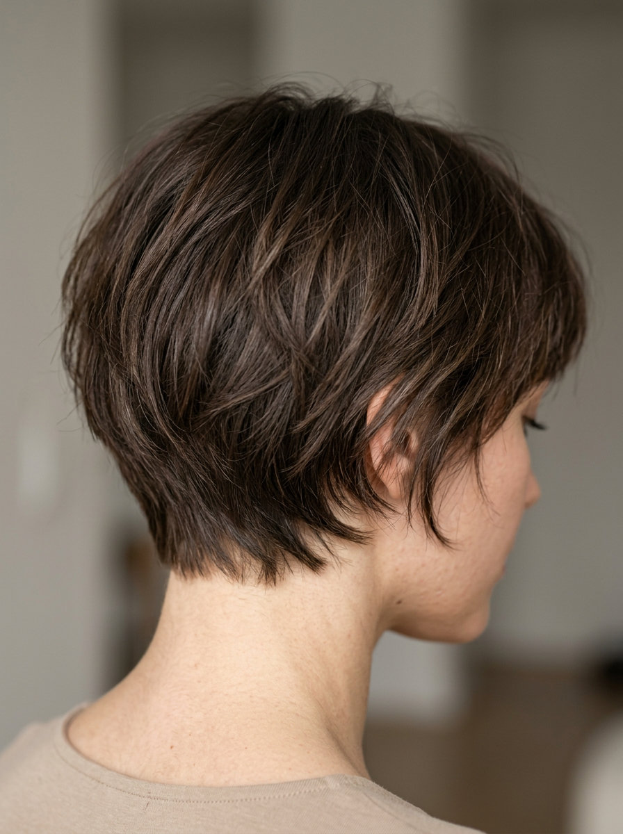 short bob haircut in rich brunette with caramel undertones, graduated internal layers, soft fringe — minimalist and authentic