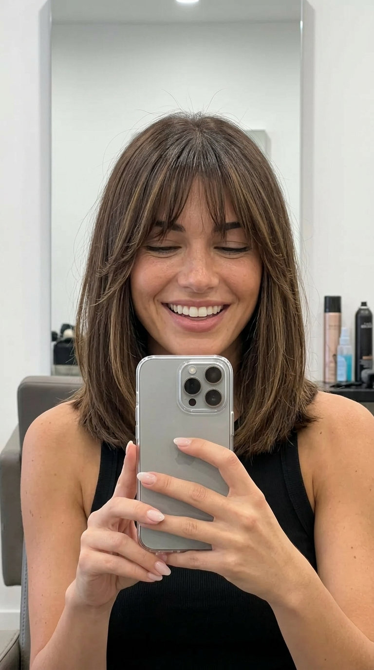 shoulder-length lob haircut in rich brunette with caramel face-framing highlights and wispy bangs for romantic style
