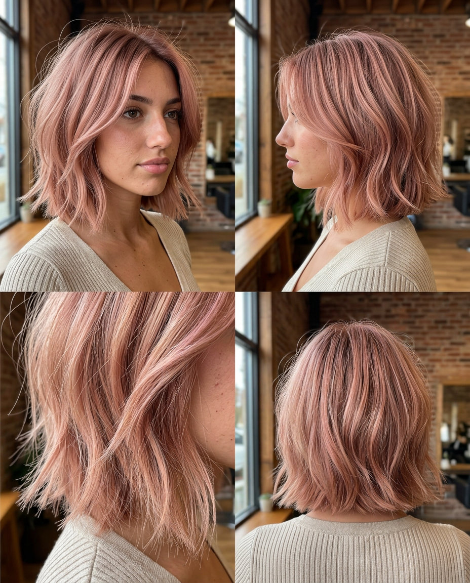 Rose Gold Textured Bob 2026 chin-length choppy bob in dusty rose gold, warm golden & soft pink undertones, point-cut layers, wispy face-framing for date night