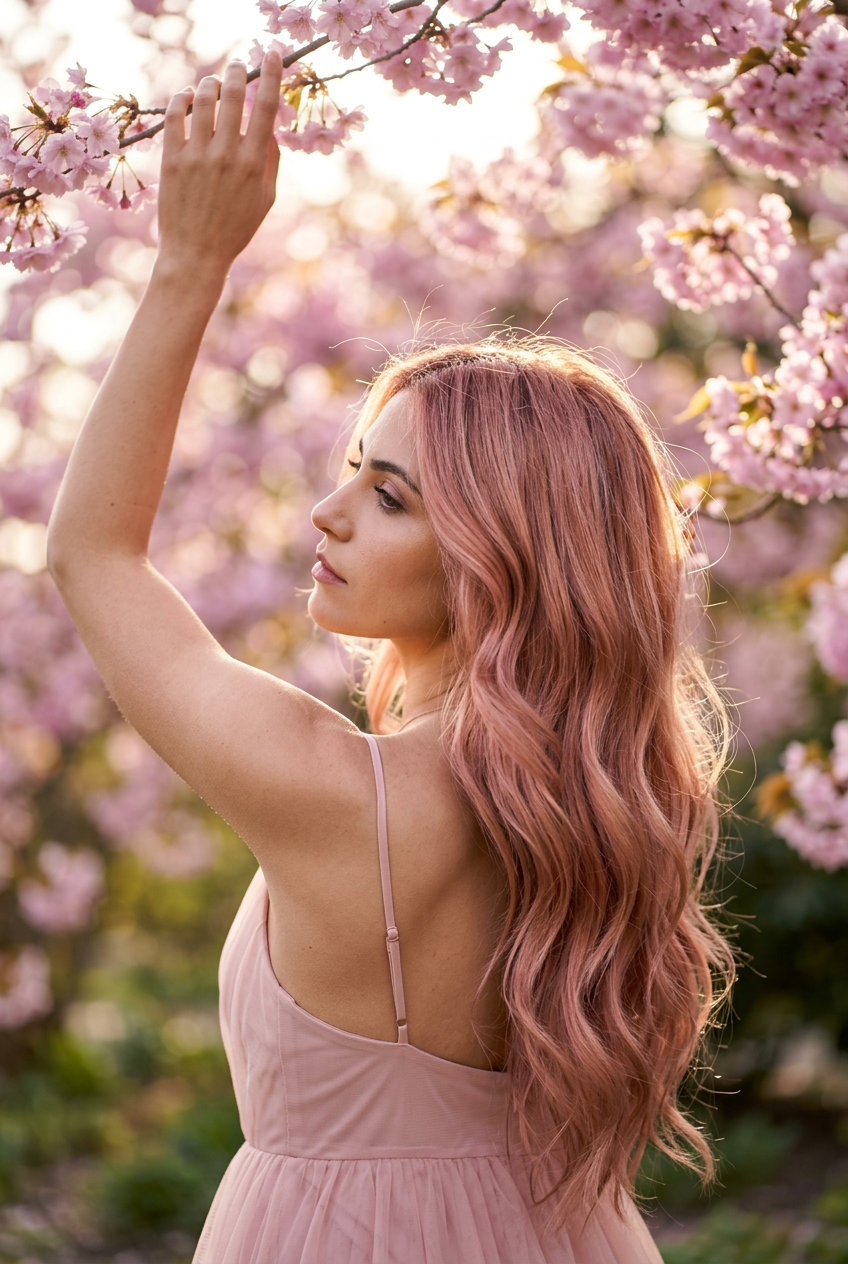 ultra-long layered haircut in rose gold over platinum blonde with face-framing layers for romantic dates