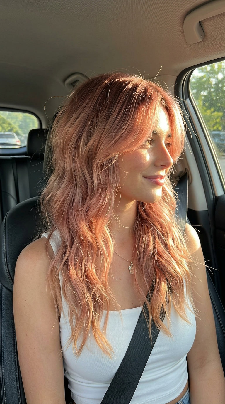 long messy wolf cut with rose gold color and wispy curtain bangs for date night