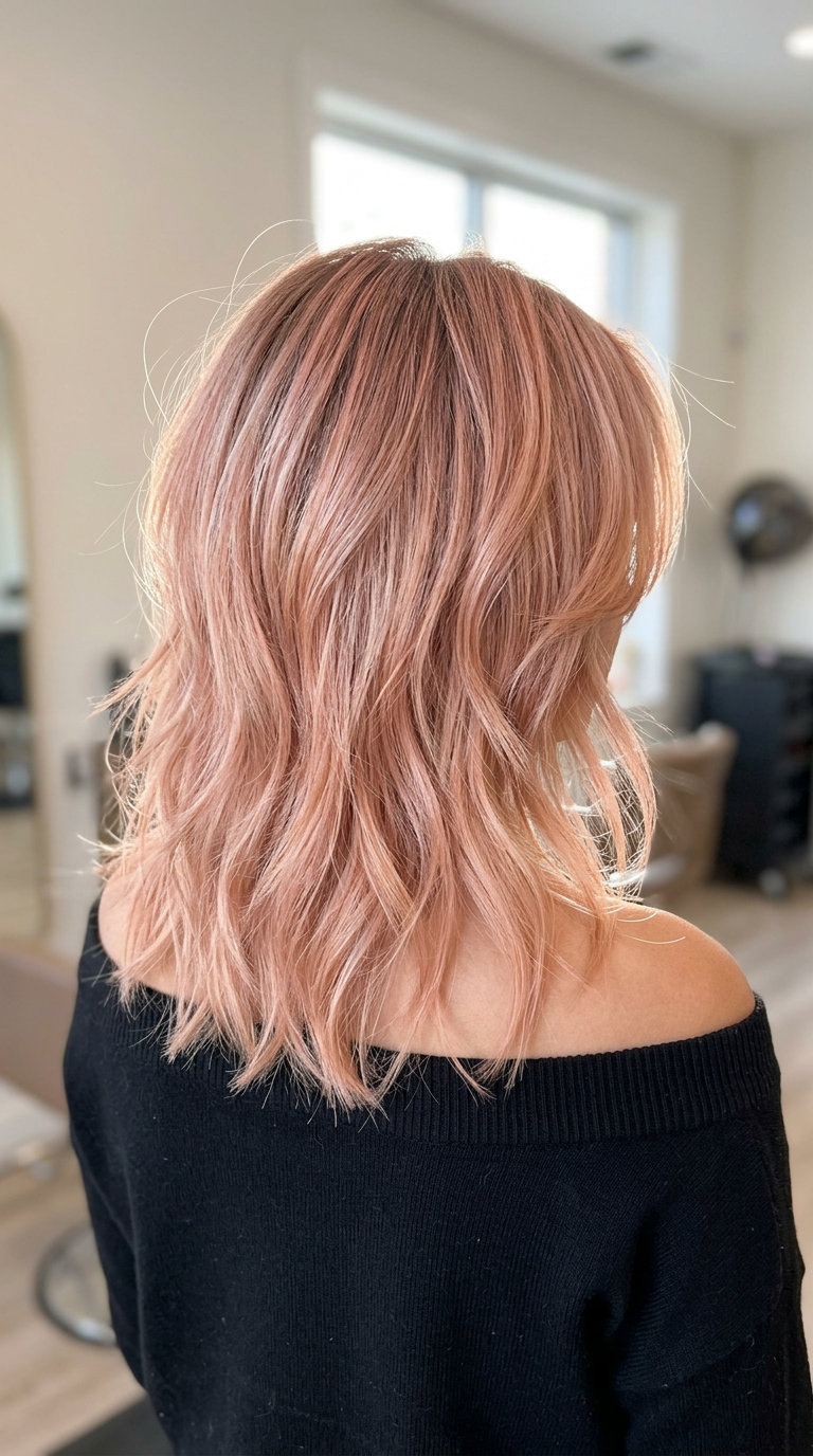 medium-length shag haircut in rose gold with pink and champagne tones and wispy layers for summer