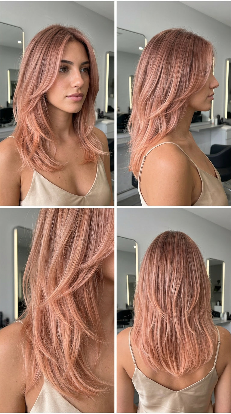Sunset Melt Layers: Rose Gold Ombré Hair medium layered haircut with rose gold to peachy ombré, face-framing layers, V-cut back — romantic artistic style