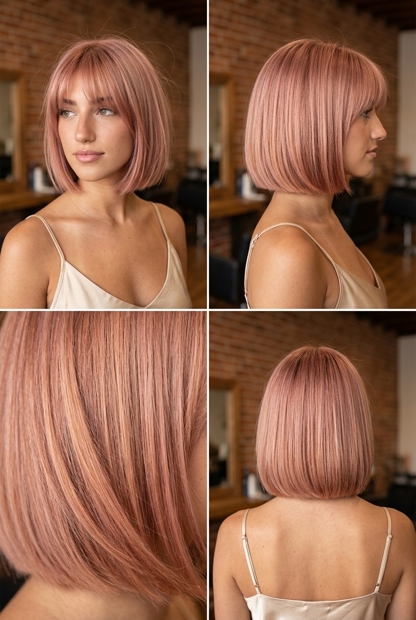 short french bob with dusty rose gold, blunt perimeter and feathered fringe for romantic look