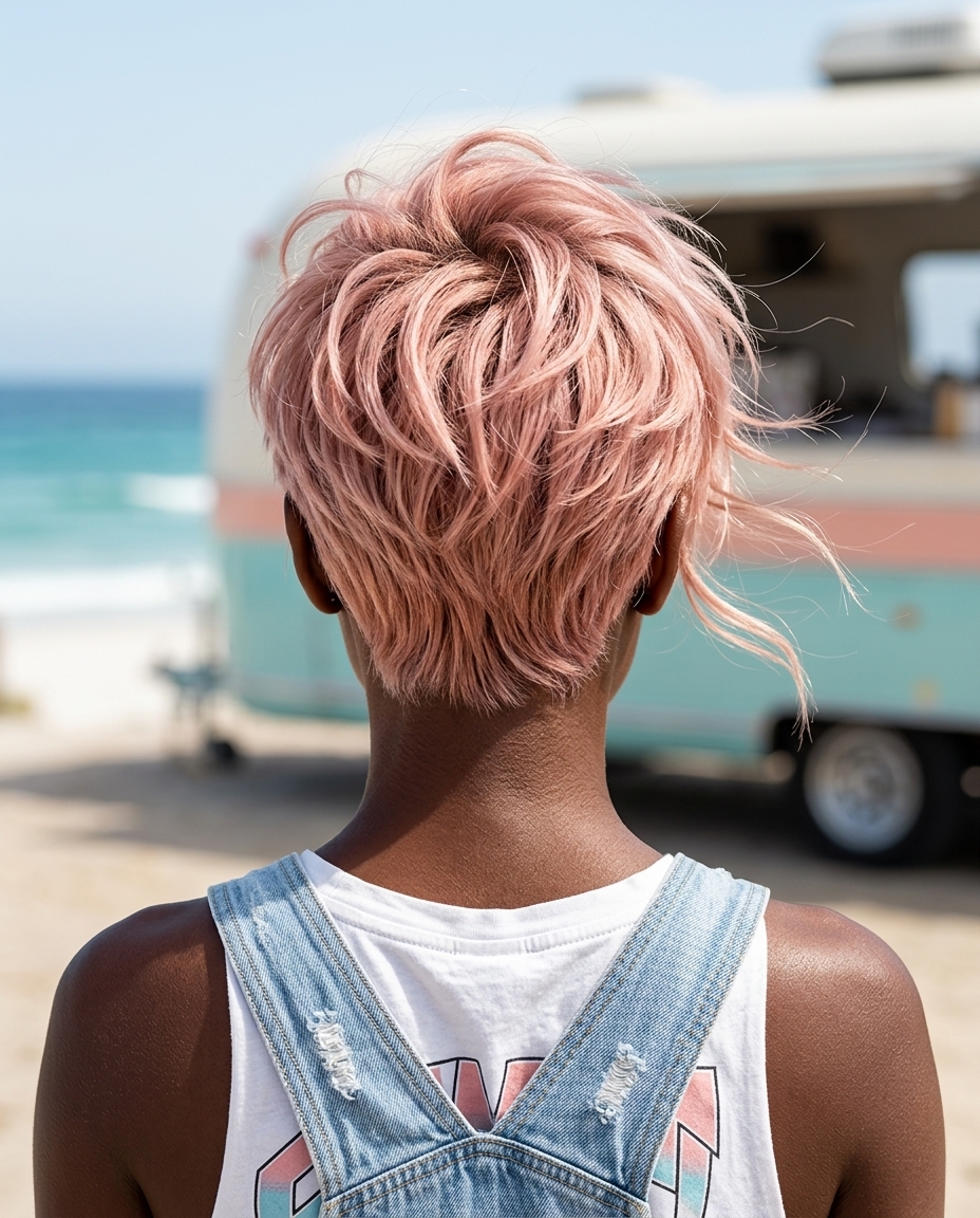 dusty rose gold pixie cut with platinum base and piecey texture for edgy beach day