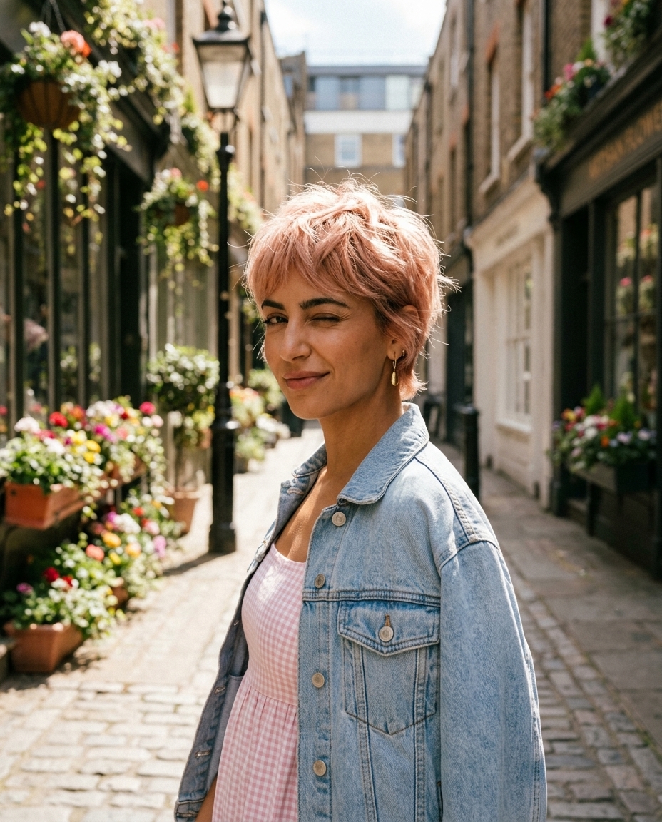 Rose Gold Pixie 2026 short razored pixie with pastel rose gold and strawberry blonde root, soft graduated layers for festival