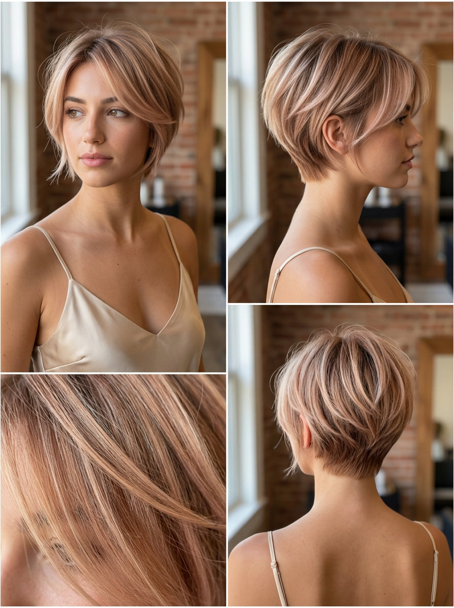very short layered pixie haircut with rose gold balayage, feathered perimeter, soft waves for date night