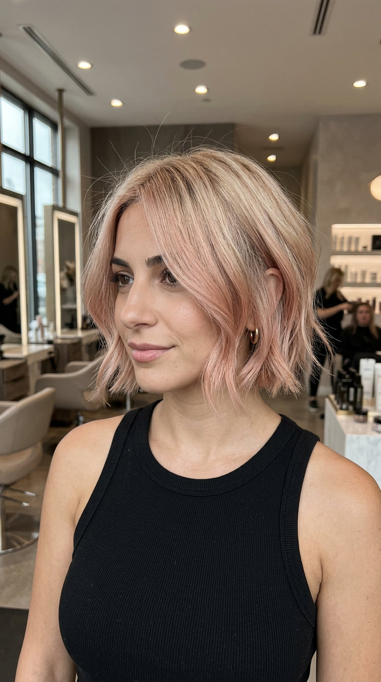 short textured bob haircut with rose gold ombré, razored ends, A-line shape — sophisticated date night