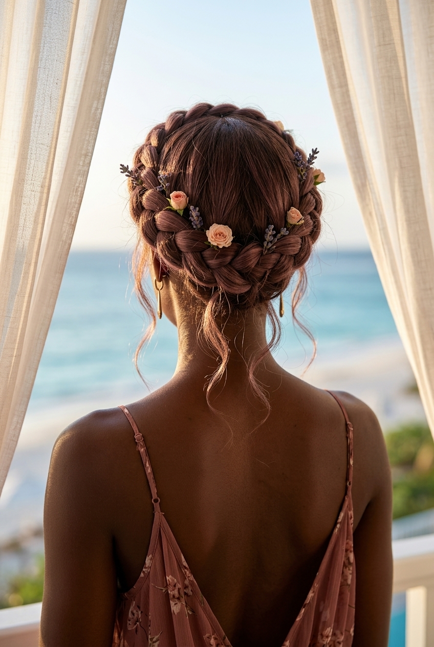 rosewood brunette crown braid with mauve ribbons and pulled-out texture for festival