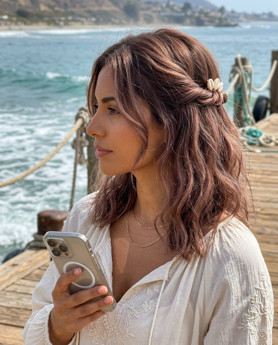 long half-up style with rosewood brunette color, twisted sections and shell clips, face-framing pieces — bohemian beach day