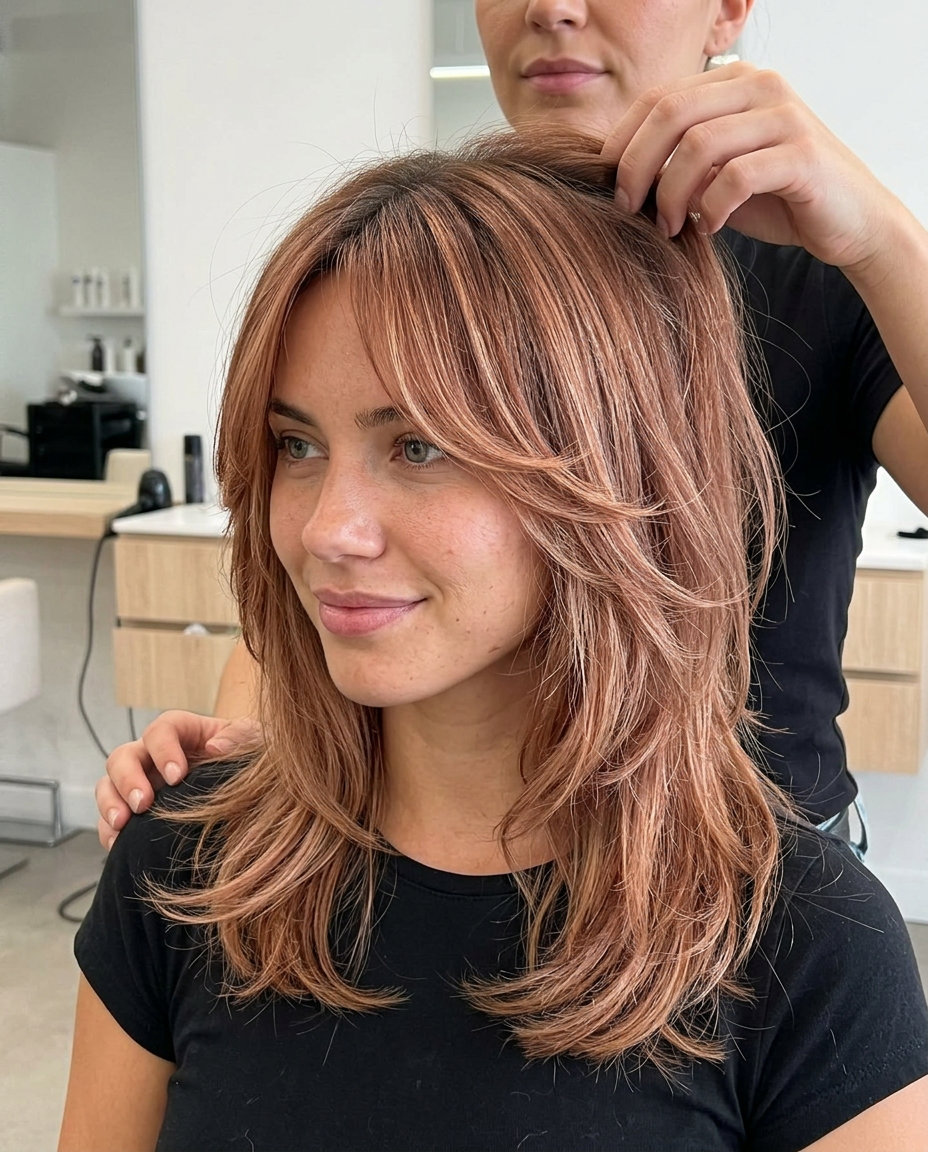 Rosewood Shag with Bangs: Layered Summer Haircut 2026 medium layered haircut in rosewood with strawberry blonde highlights, bottleneck bangs — romantic bohemian shag