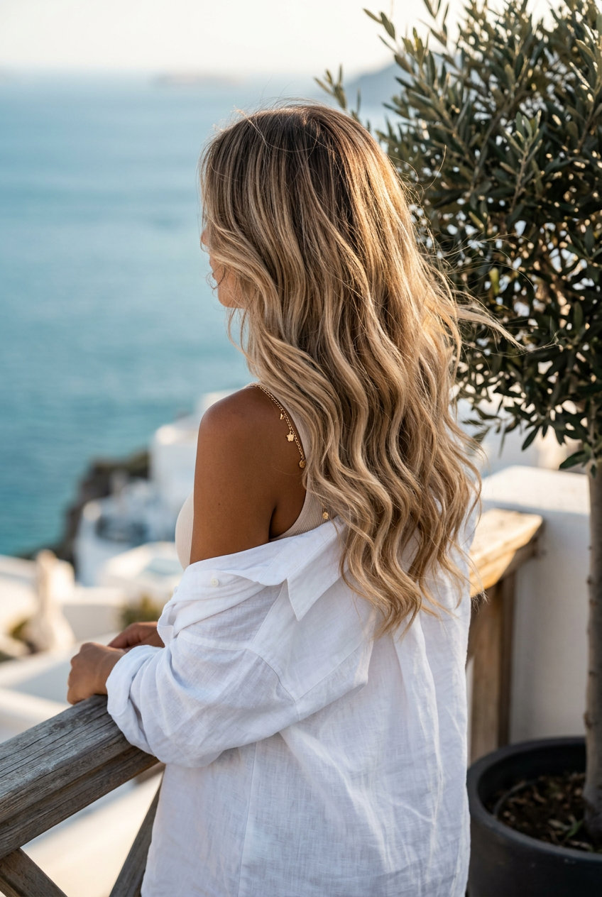 Sun-Drenched Coastal Waves 2026 long sandy beige balayage haircut with graduated layers and soft waves for summer