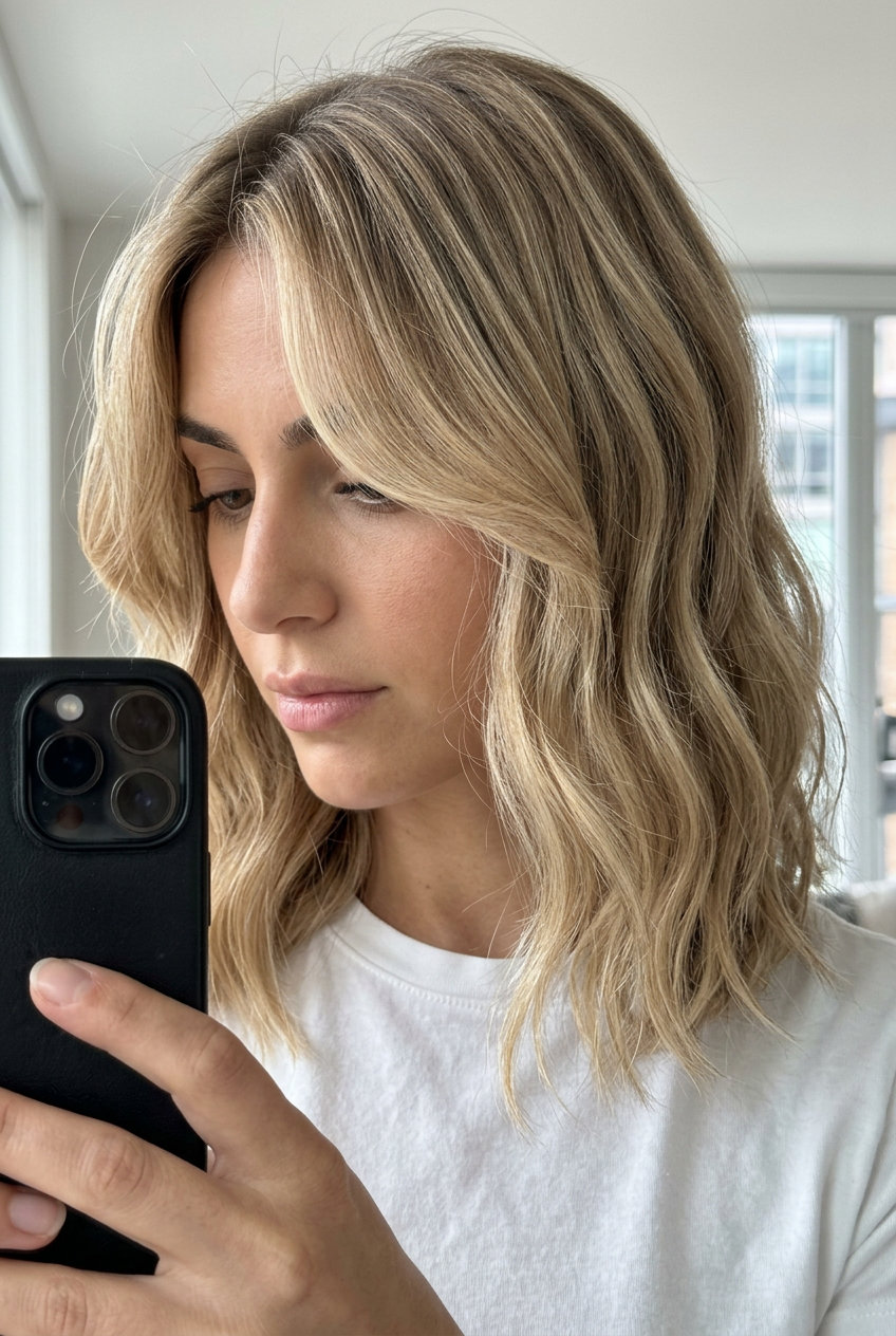 medium textured lob haircut with sandy beige blonde, babylights, curtain bangs — effortless everyday style