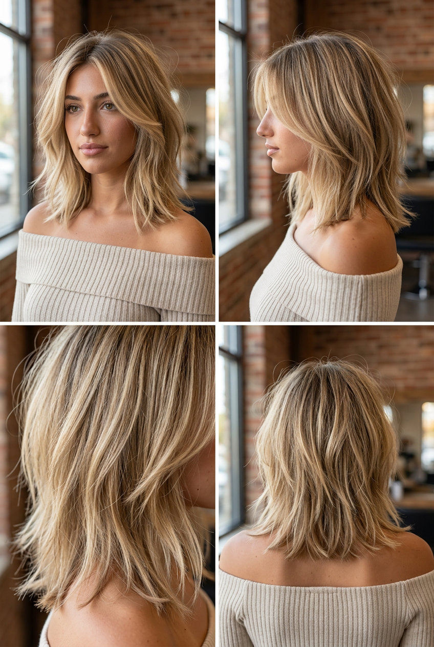 medium-length lob shag haircut in sandy blonde with warm beige babylights and textured ends for summer
