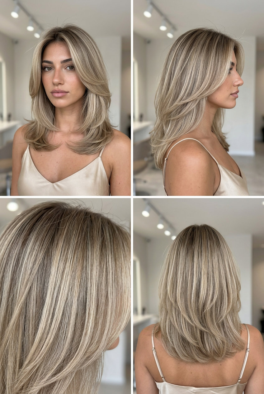 Undone Luxe Layers: Sandy Beige Blonde 2026 medium layered haircut with sandy beige blonde, babylights, root smudge — soft minimalist style