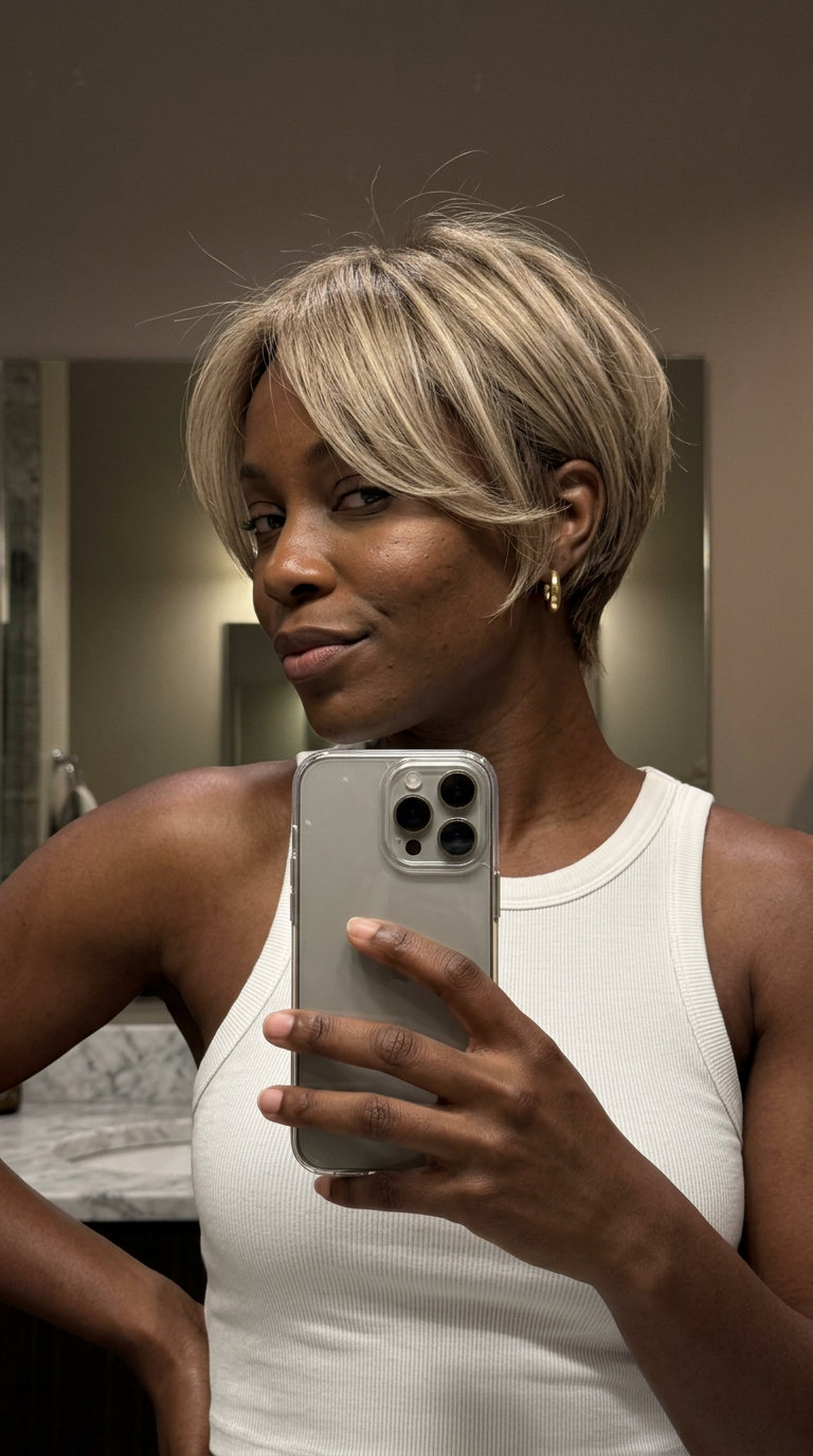 short sandy blonde bixie haircut with beige babylights, natural root blend, wispy layers — effortless