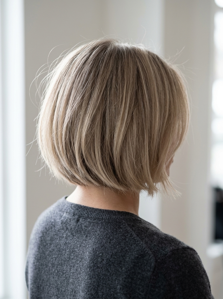 short french bob with cool sandy blonde, point-cut perimeter for relaxed look