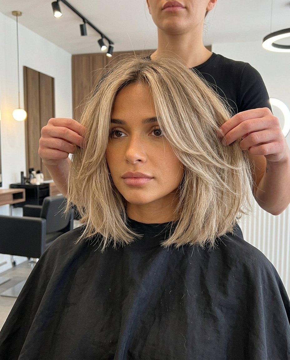 Sandy Summer Choppy Bob 2026 shoulder-length choppy bob haircut with sandy blonde & beige balayage, face-framing layers for beach days