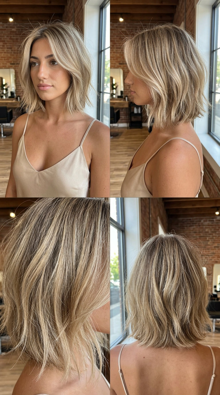 Sandy Blonde Choppy Bob 2026 shoulder-length choppy bob haircut with sandy blonde, cool beige, and subtle golden for beachy waves