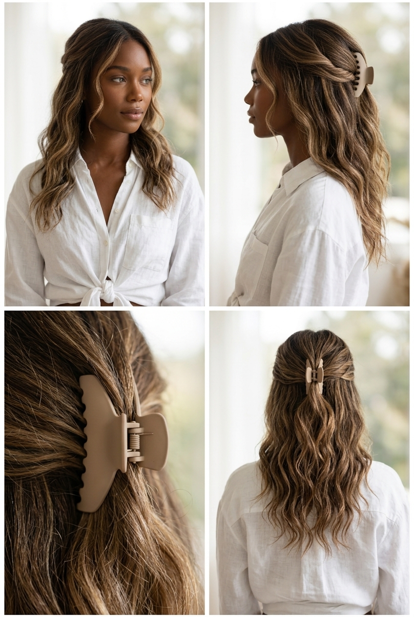 sun-kissed balayage shoulder-length waves with matte claw clip for casual beach day