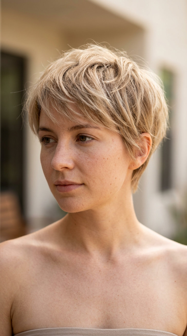 very short pixie haircut with sandy blonde, choppy layers for effortless beach vacation