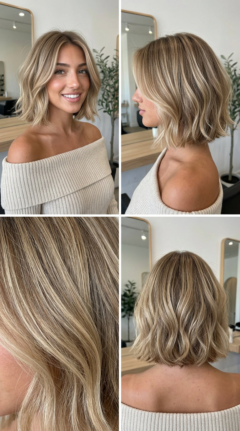 short textured bob haircut with sandy blonde, cool beige, golden babylights — effortless beach day