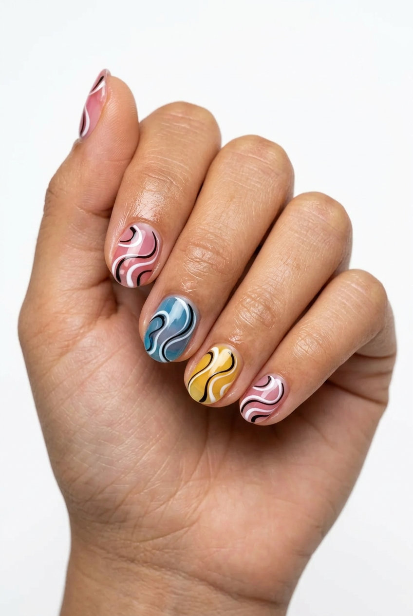 Abalone Swirl Marble nails for shell summer nails 2026. Bohemian glamorous party style.
